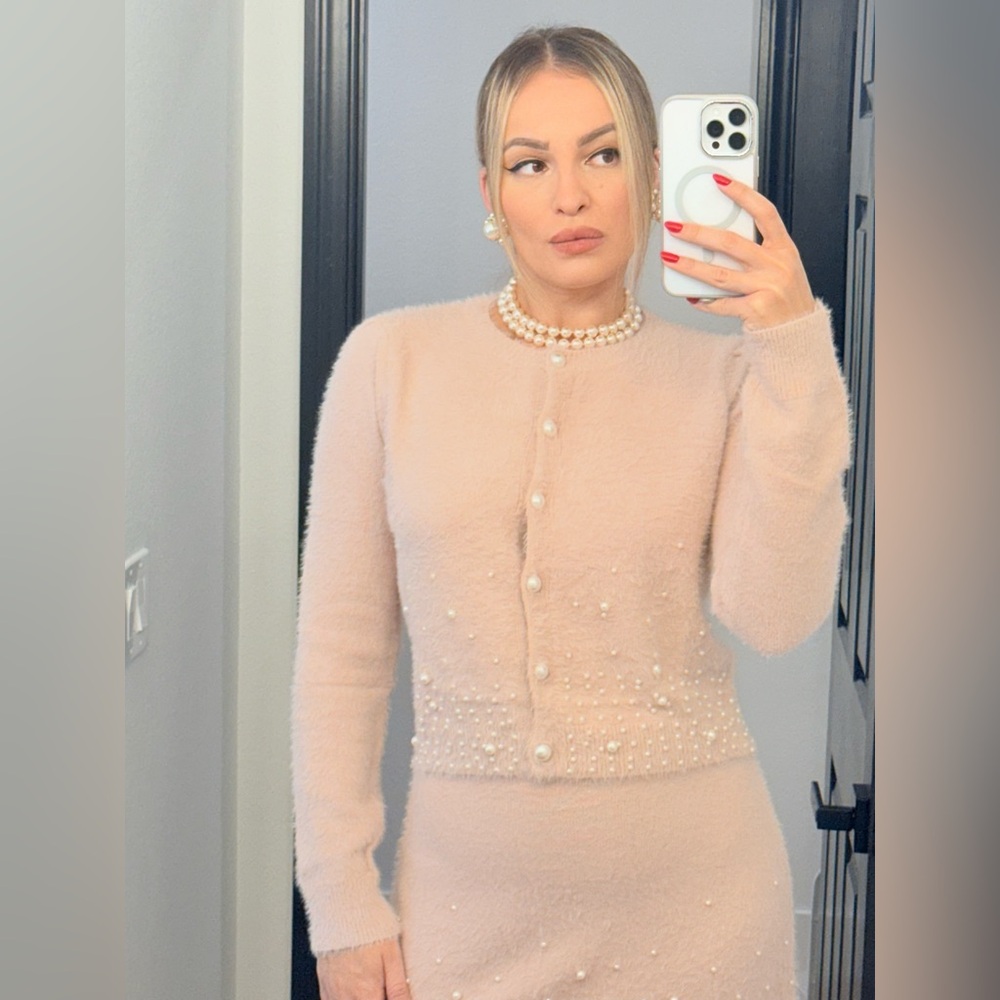 242 ‘Emily’ Elegant & Fuzzy Pink Pearl-Embellished Cardigan and Skirt Set NWT - Picture 5 of 9